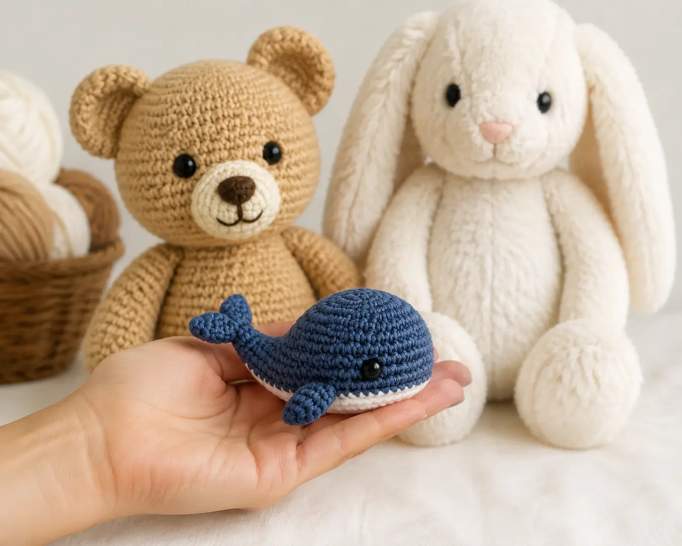 Маленькая вязаная игрушка кита на ладони рядом с крупными игрушками