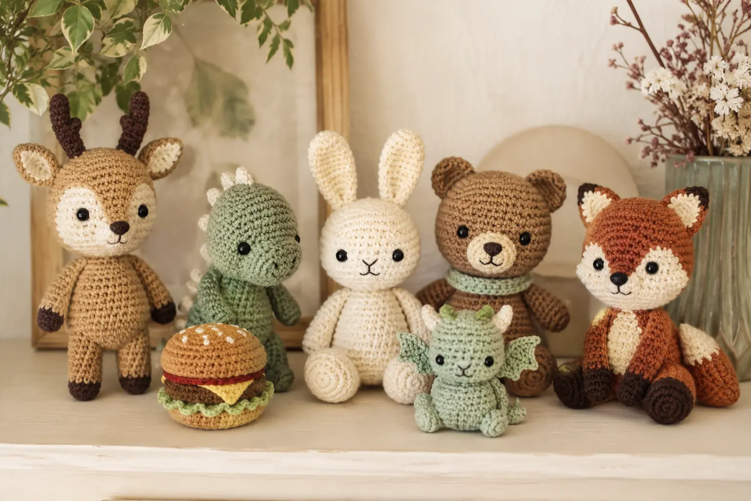 Коллекция разных вязаных игрушек амигуруми на полке