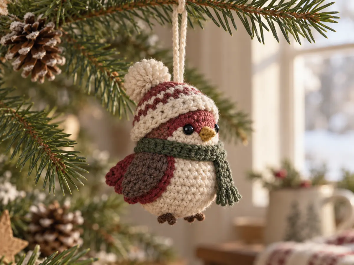 Лёгкая ёлочная игрушка амигуруми на ветке
