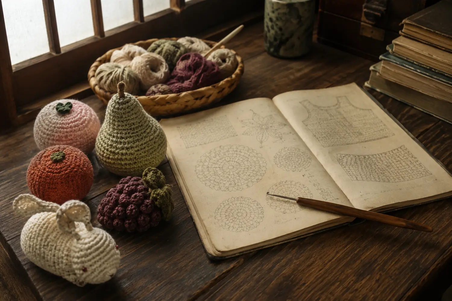 Старинная японская книга по рукоделию и объёмные вязаные фрукты