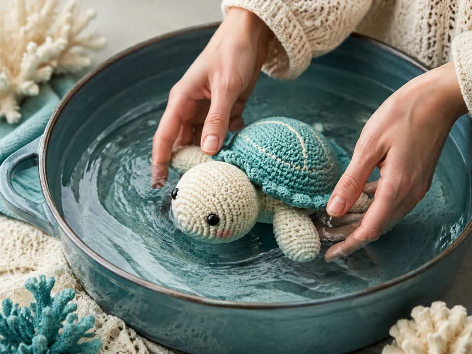 Погружение вязаной игрушки в прохладную воду